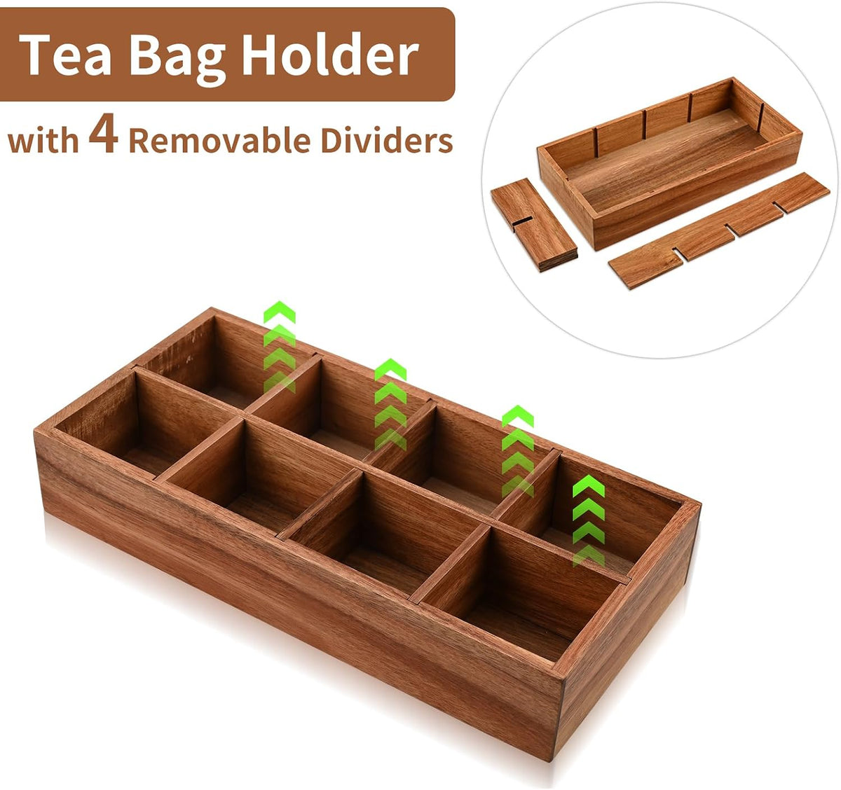 Acacia Wood Tea Bag Organizer with 8 Slots – Tea Bag Holder and Tea Organizer, Sugar Packet Storage for Countertops