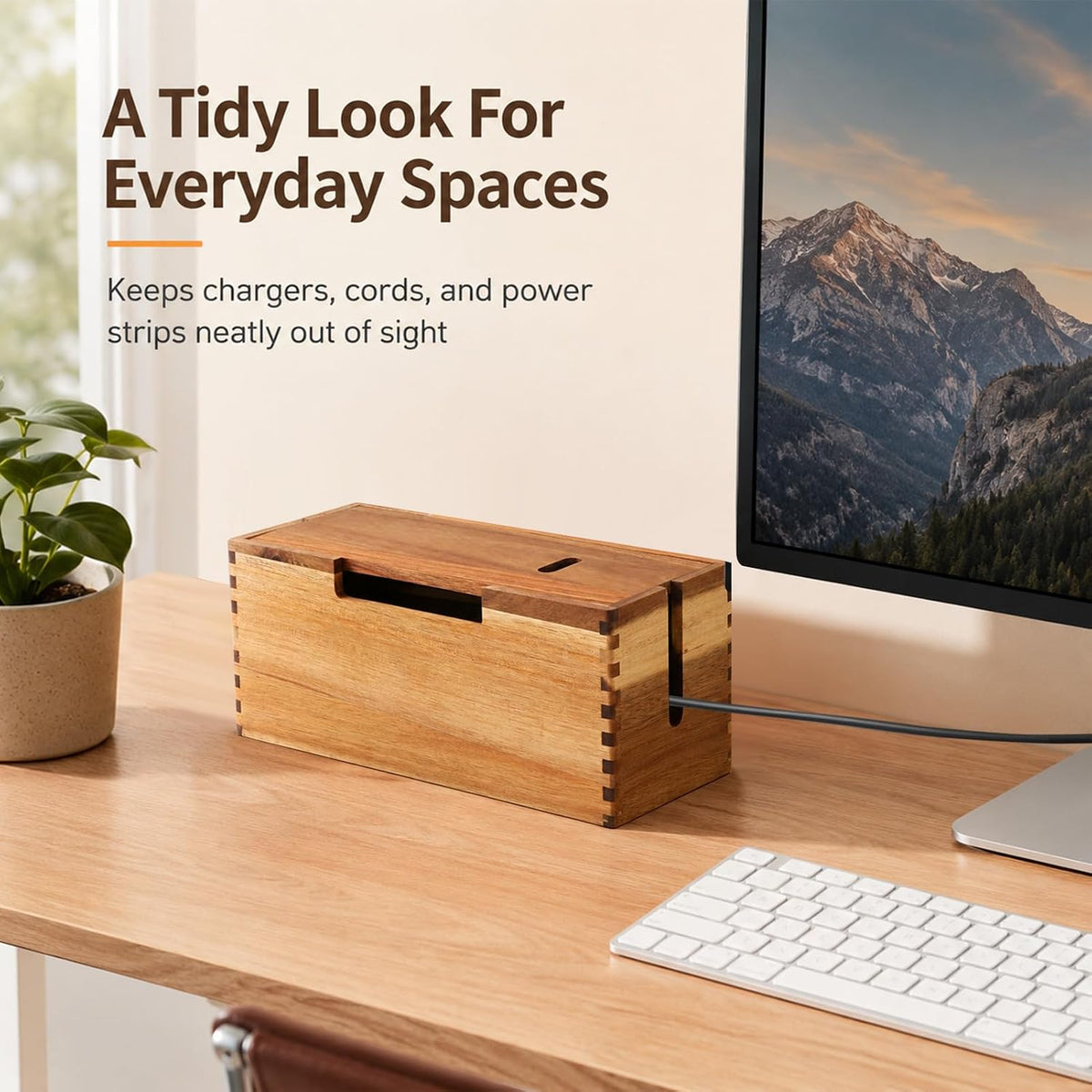 Acacia Wood Cable Management Box,Office Under Desk Cable Storage Box for Wire, Cord Hider Organizer for Power Strip, Electrical Hiding, TV Wires, Desk & Floor Cables
