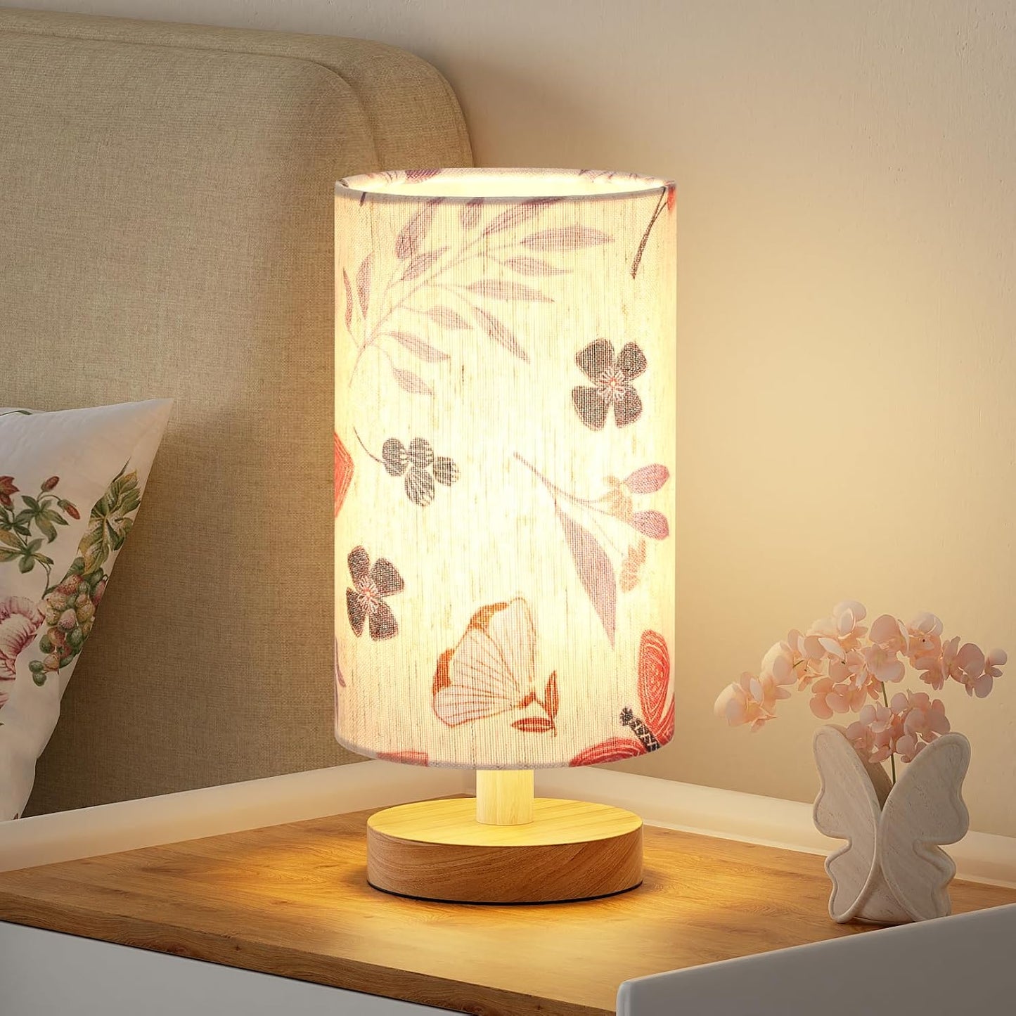 Fenmzee Small Table Lamp for Bedroom - Inline Control, Bedside Lamp with 3000K A15 LED Blub, Easy Assembly (Cream Shade - Wood Base, 9" Inline Control)