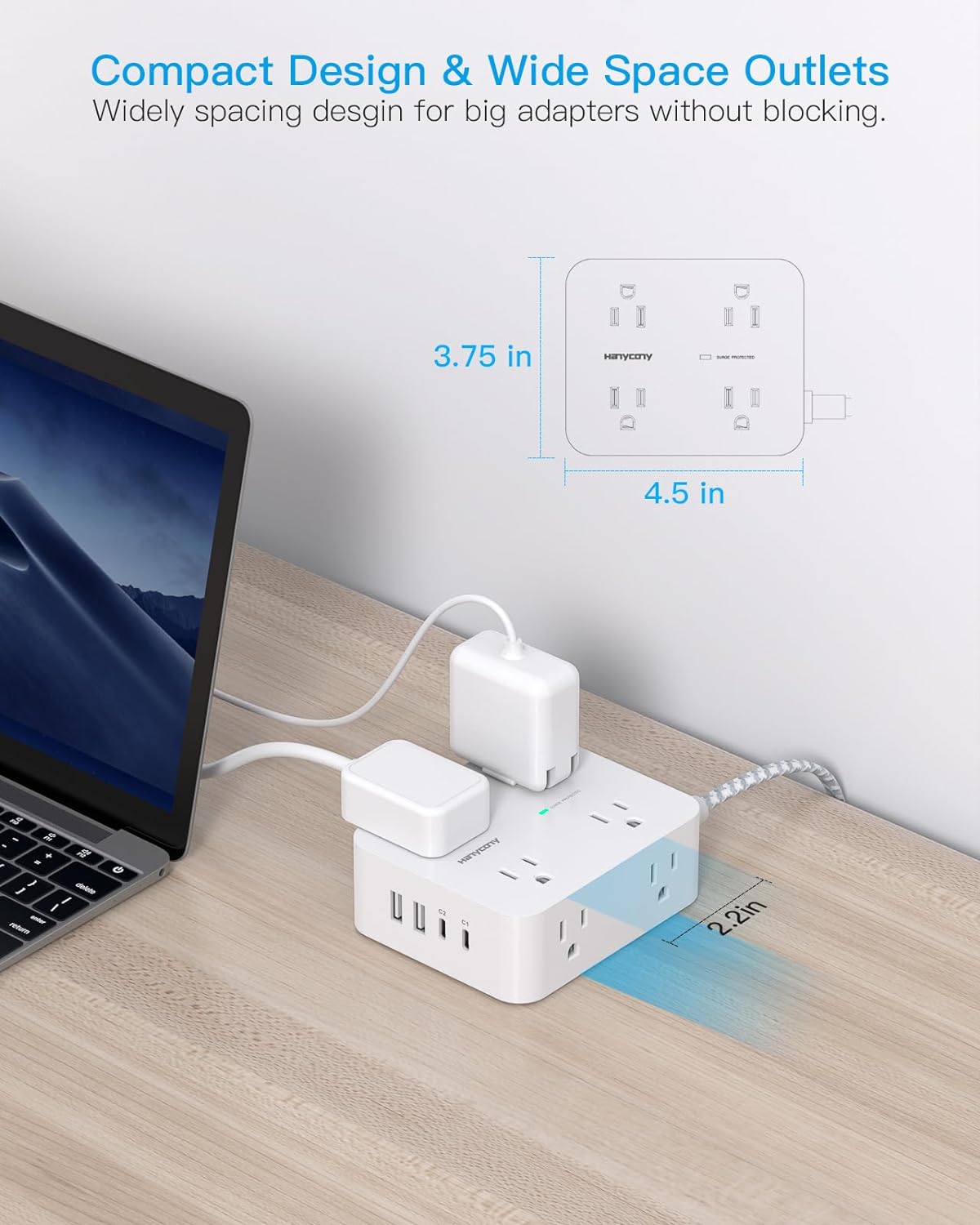 HANYCONY Surge Protector Power Strip, 1080J, 5 Ft Braided Extension Cord