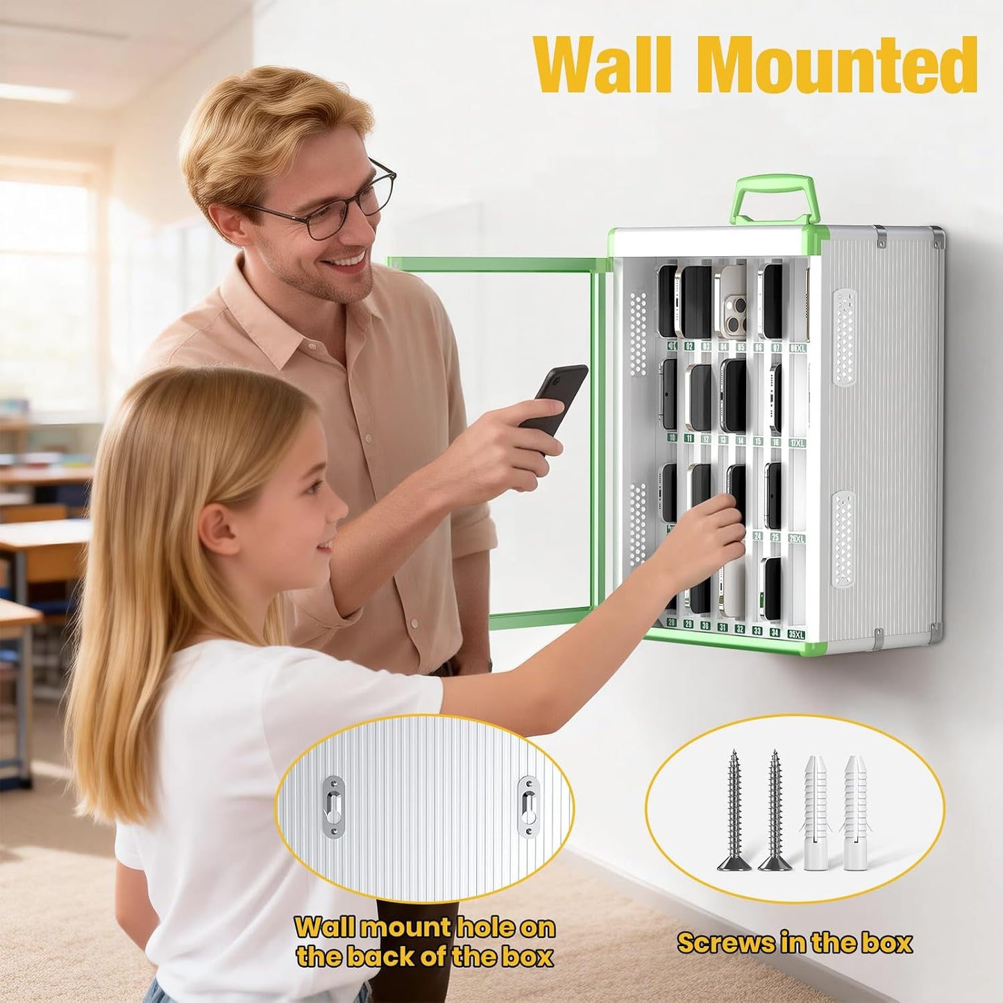 Glosen 24 Slots Cell Phone Locker, Portable Phone Storage Cabinet [Wall Mounted] [Aluminum Alloy] Cellphone Lock Box with Key & Handle for School Classroom Office Exam (Black)