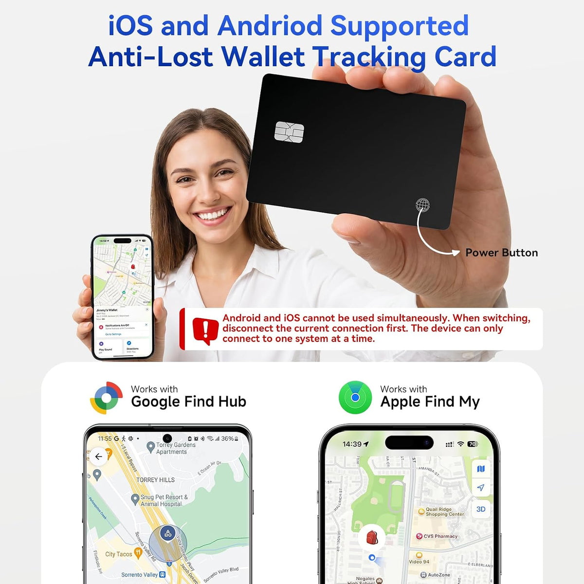 eirix 2 Pack Wallet Tracker Card (iOS and Android) Ultra Slim 0.07in IP68 Waterproof Rechargeable Work with Apple Find My & Google Find Hub, Item Locator for Card Holder,Passports,Money Clips