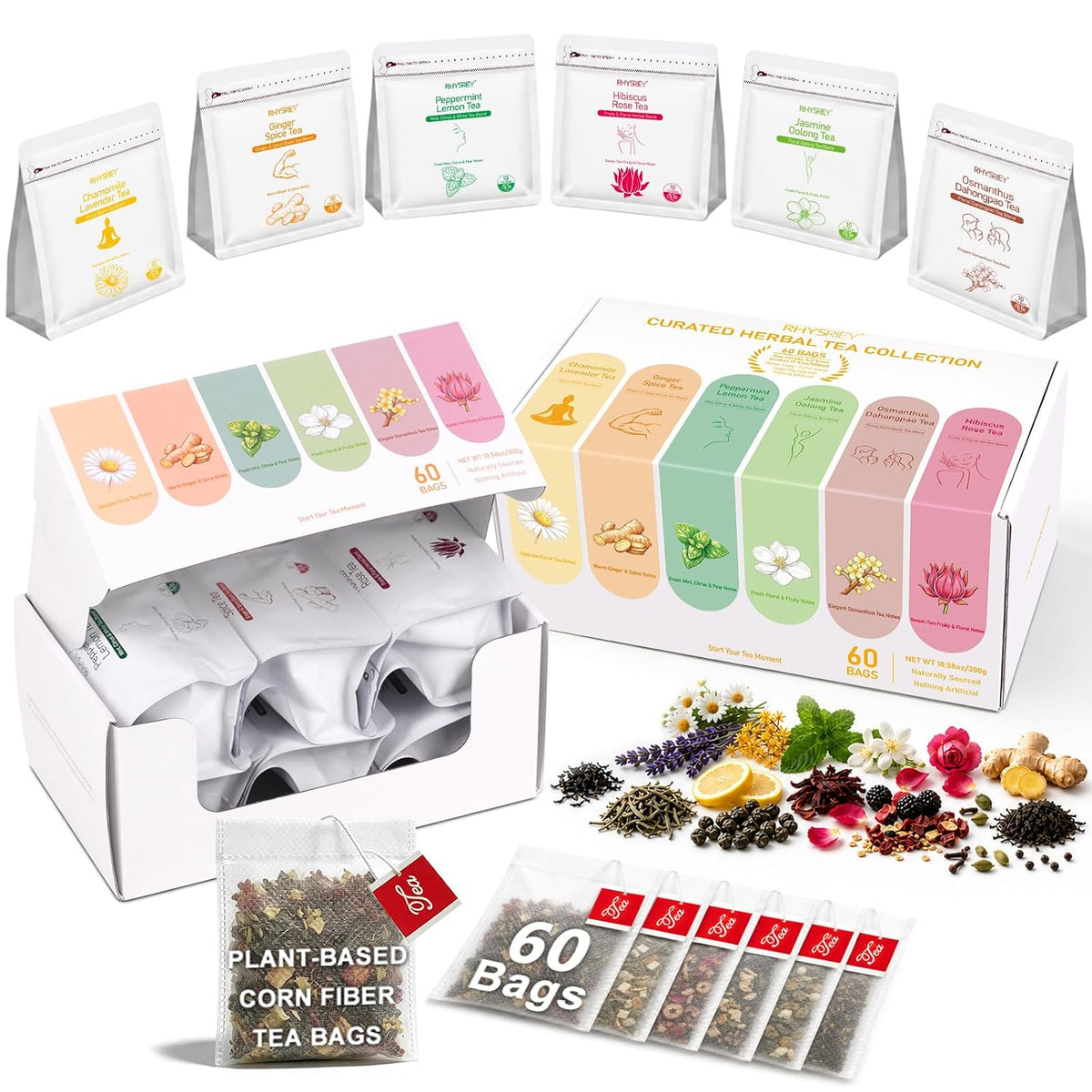 RHYSRIEY Real Leaves Herbal Tea, 60 Tea Bags Variety Pack, Gift Sampler