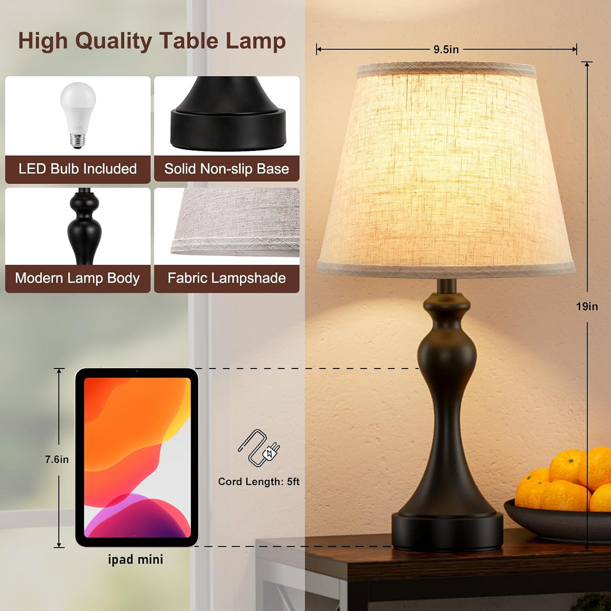 Touch Lamps for Nightstand, 3 Way Dimmable Bedside Lamps with USB C+A Ports