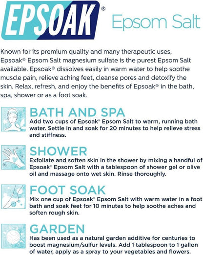 Epsoak Epsom Salt 38 lb. Magnesium Sulfate USP. (Qty. 2 x 19 lb. Bags) Resealable Epsom Salt Bag Unscented, Made in The USA, Cruelty-Free Certified