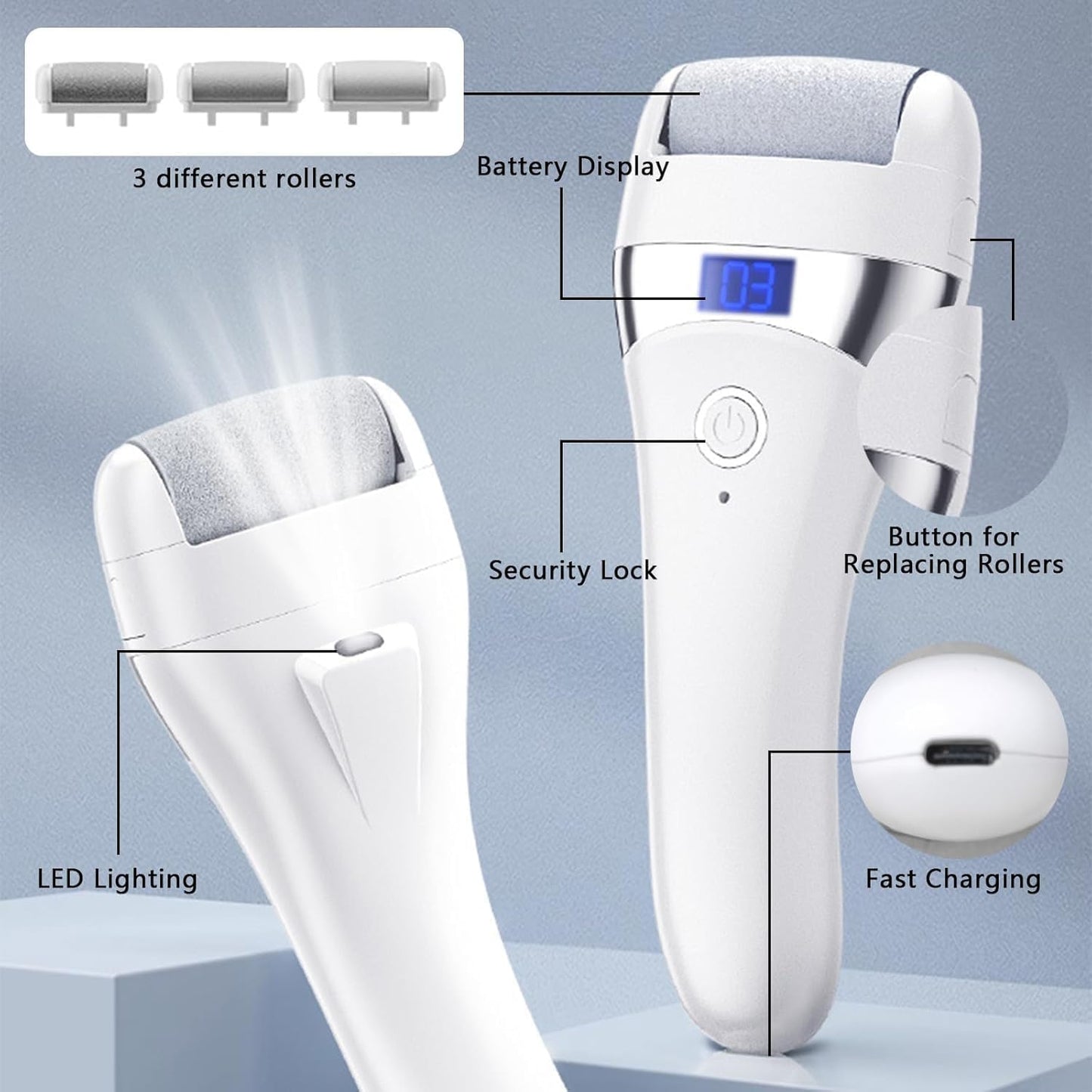 Upgraded Electric Foot Callues Remover, Portable Electric Foot Files with 3 Heads, Rechargeable Feet File for Foot Care, Waterproof Deadskin Remover, Pedicure Tool for Dry and Crack Feet