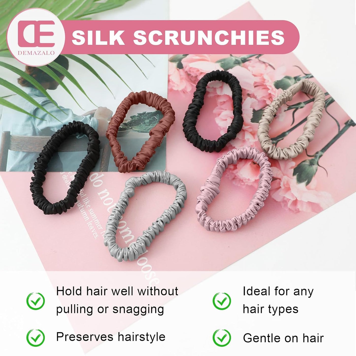6Pcs Silk Hair Ties 100% Pure Mulberry Silk Scrunchies for Women Girls | No Hair Crease, Anti Frizz, Gentle Hold, No Damage, Black Brown Pink