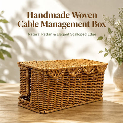 Cable Management Box, Faux Rattan Cord Organizer Basket for Power Strips