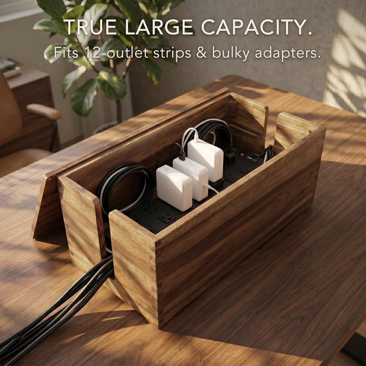 Donfri Acacia Wood Cable Box, Large Magnetic Cord Hider for Power Strips