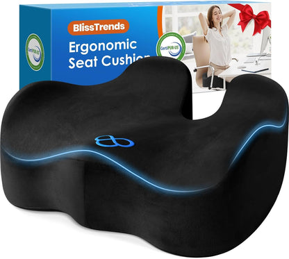 BlissTrends Seat Cushion with Velvet Cover, Thick Memory Foam Cushions for Office Chair, Car Seat, Airplane, Relieving Pressure Tailbone Sciatica Back Pain for Long Sitting, Car Drivers 4.7in Black