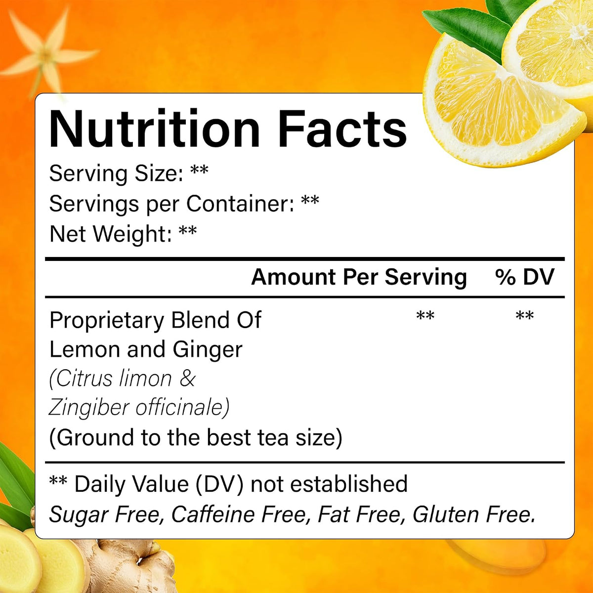 FreshDrinkUS, Premium 75 Lemon Ginger Tea Bags, 100% Natural Ingredients, Hand-made Blend of Lemon and Ginger, Eco-conscious Tea Bags. No Sugar, No Caffeine, No Gluten, Vegan.