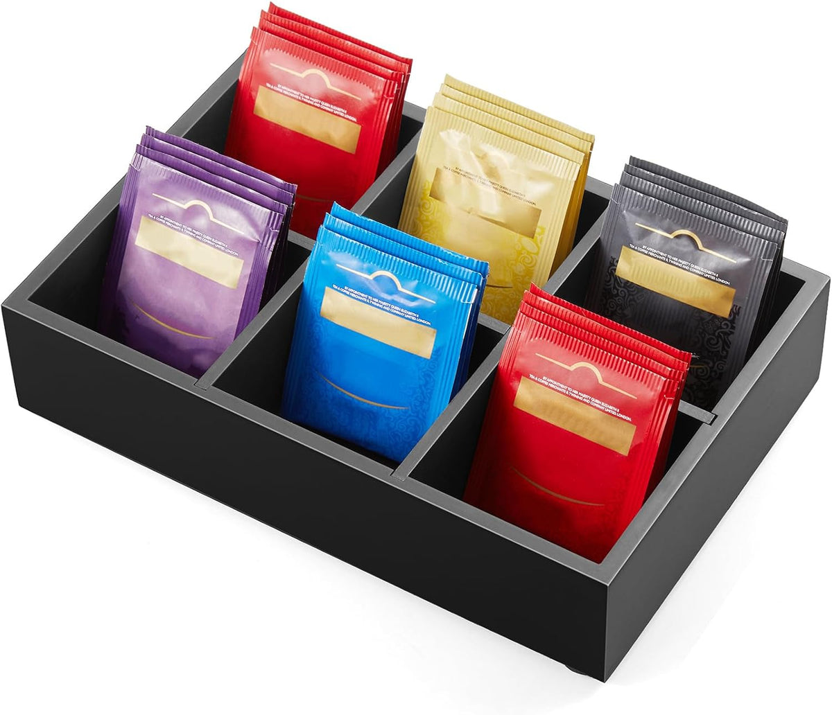 DRASTAR Tea Bag Organizer, Acacia Tea Bag Holder, Tea Storage Containers with 3 Slots, Wooden Tea Storage Accessories, Mini Tea Bag Caddy Box for Countertop
