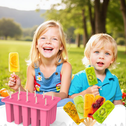 Miaowoof Homemade Popsicle Molds, 10-Cav Non-BPA Silicone Ice Pop Maker, with 50 Sticks, 50 Bags, 10 Reusable Sticks, Funnel, Brush and Ice Pop Recipe (Red)