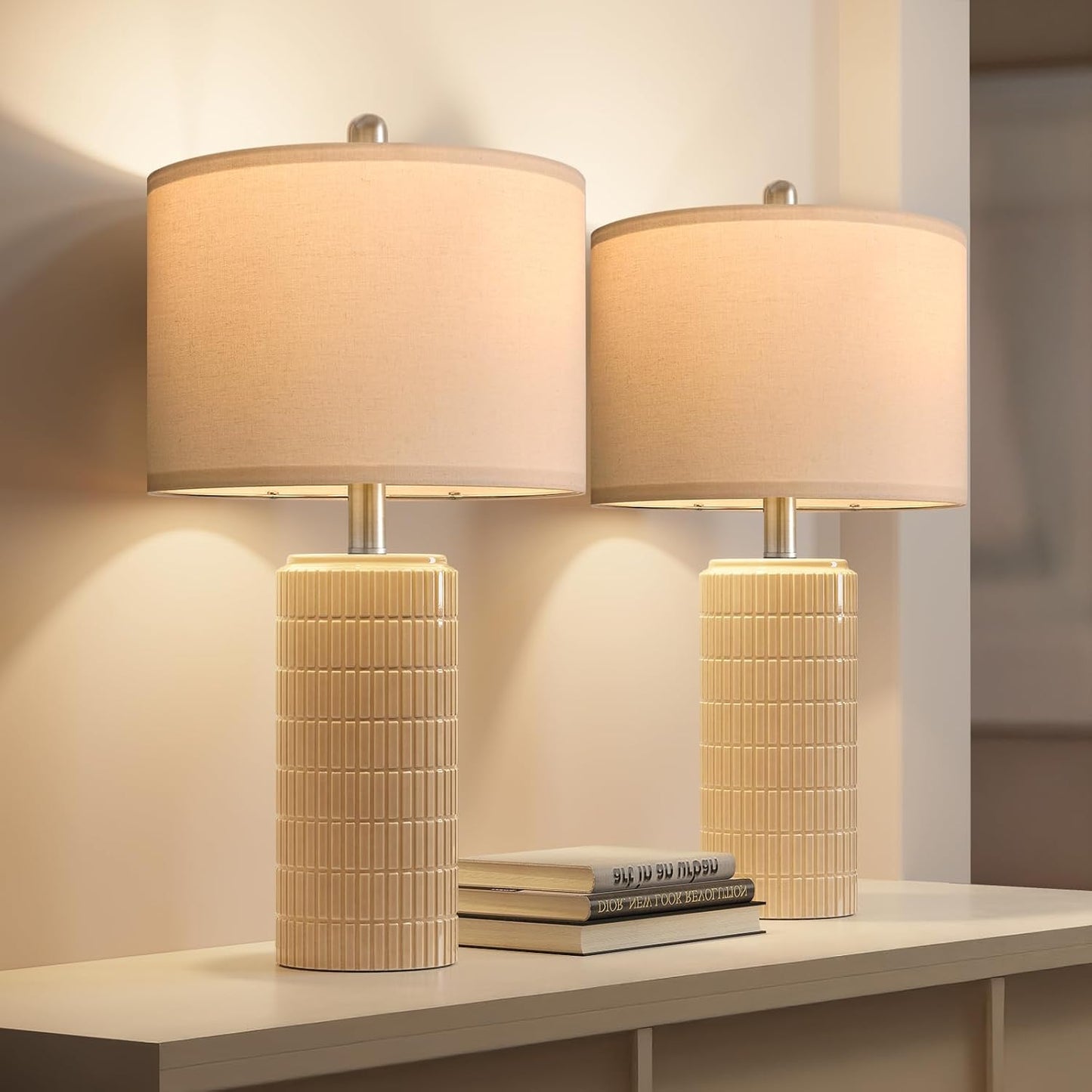 PoKat 23" Modern Ceramic Table Lamp Set of 2 for Living Room White Desk Lamps for Bedroom Farmhouse Bedside Nightstand Lamp House Warming Gifts New Home Decor End Table Lamps Gifts for Women Mom Beige