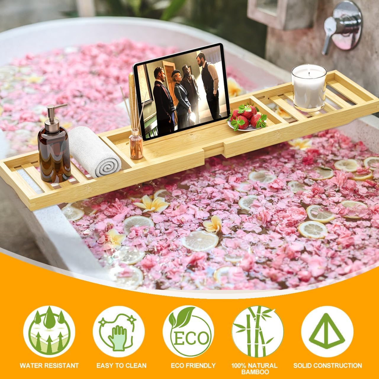 Premium Bamboo Bathtub Tray Caddy - Bath Tub Tray Table for Bathtub - Bath Caddy Tray for Bathtub, Expandable Size, Fits Most Bath Tubs