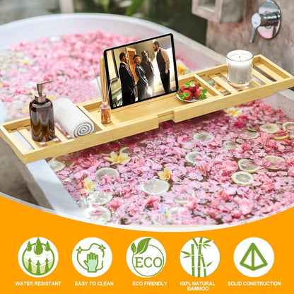 Premium Bamboo Bathtub Tray Caddy - Bath Tub Tray Table for Bathtub - Bath Caddy Tray for Bathtub, Expandable Size, Fits Most Bath Tubs