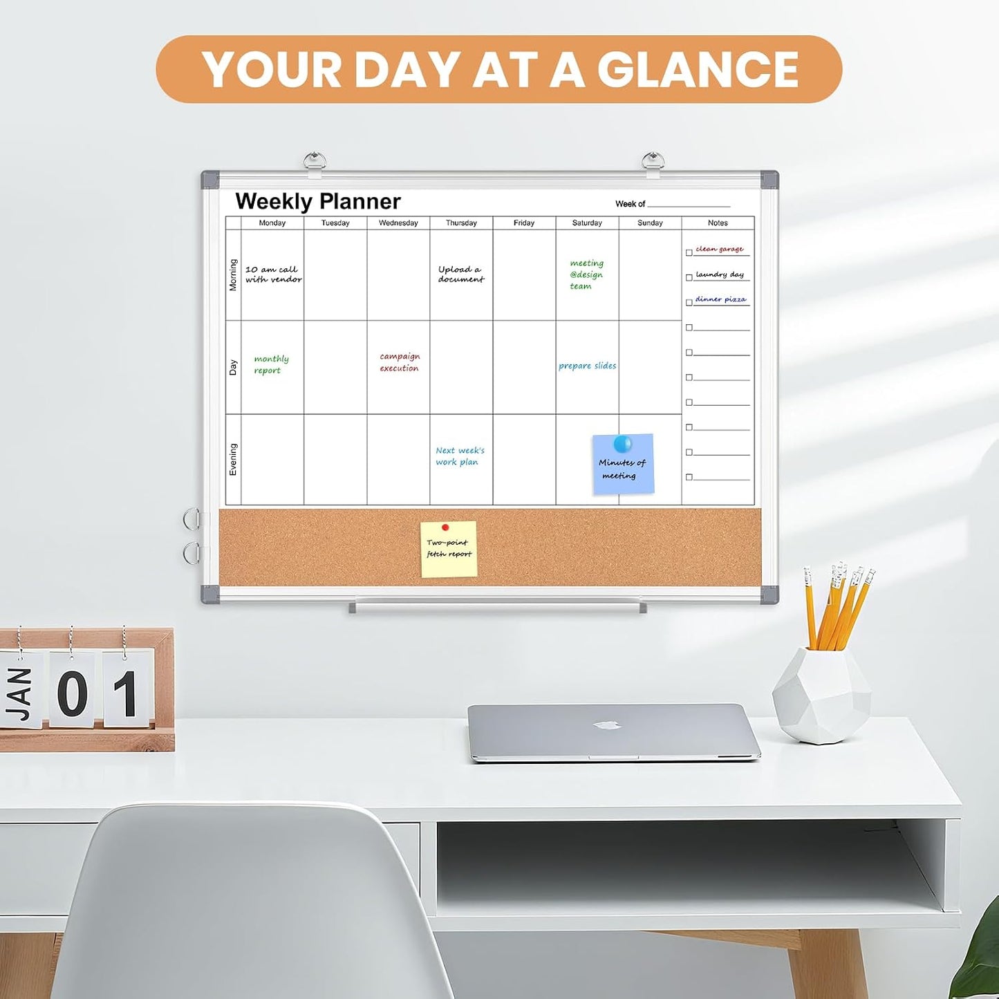 Weekly Dry Erase Calendar Whiteboard for Wall, 24" x 18" Cork Week Planner