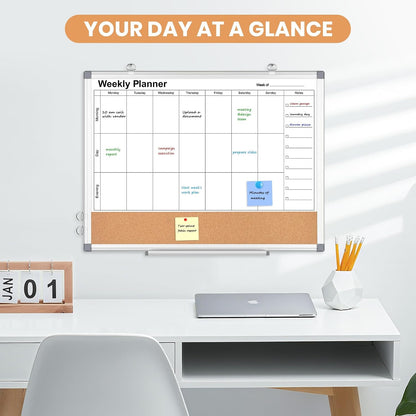 Weekly Dry Erase Calendar Whiteboard for Wall, 24" x 18" Cork Week Planner