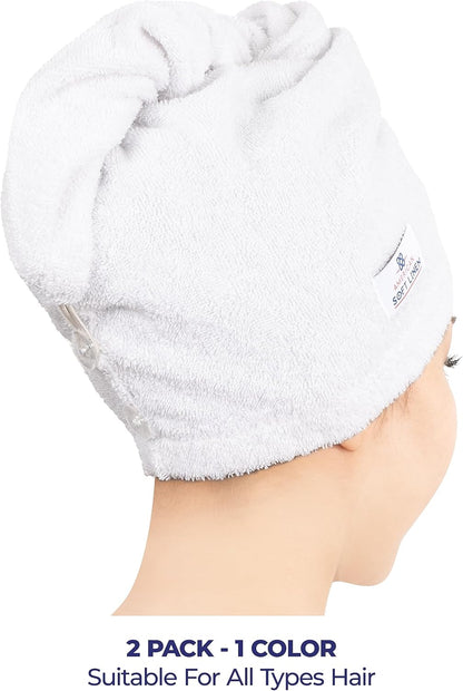 American Soft Linen 100% Cotton Hair Towels for Women, Head Towel Cap, Cotton Hair Turban Towel Wrap for Long Curly Anti Frizz Hair, Soft and Absorbent Cotton Hair Towels 2 Pack, White