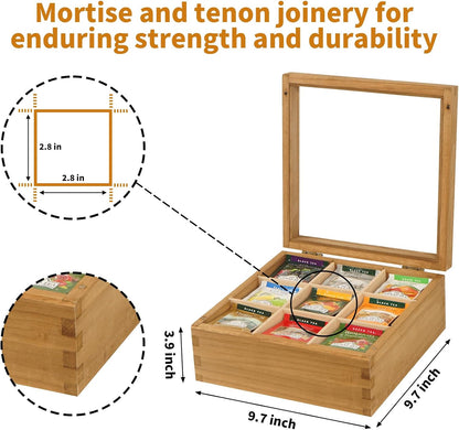 Wood Tea Bag Organizer, 6 Compartment Multi-Functional Tea Box and Storage Organizer for Tea Bags, Tea Container for Tea Lovers