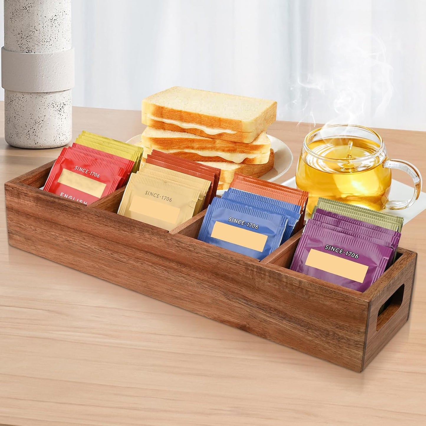 Acacia Wood Tea Bag Organizer with 4 Slots – Tea Bag Holder and Tea Organizer, Sugar Packet Storage for Countertops