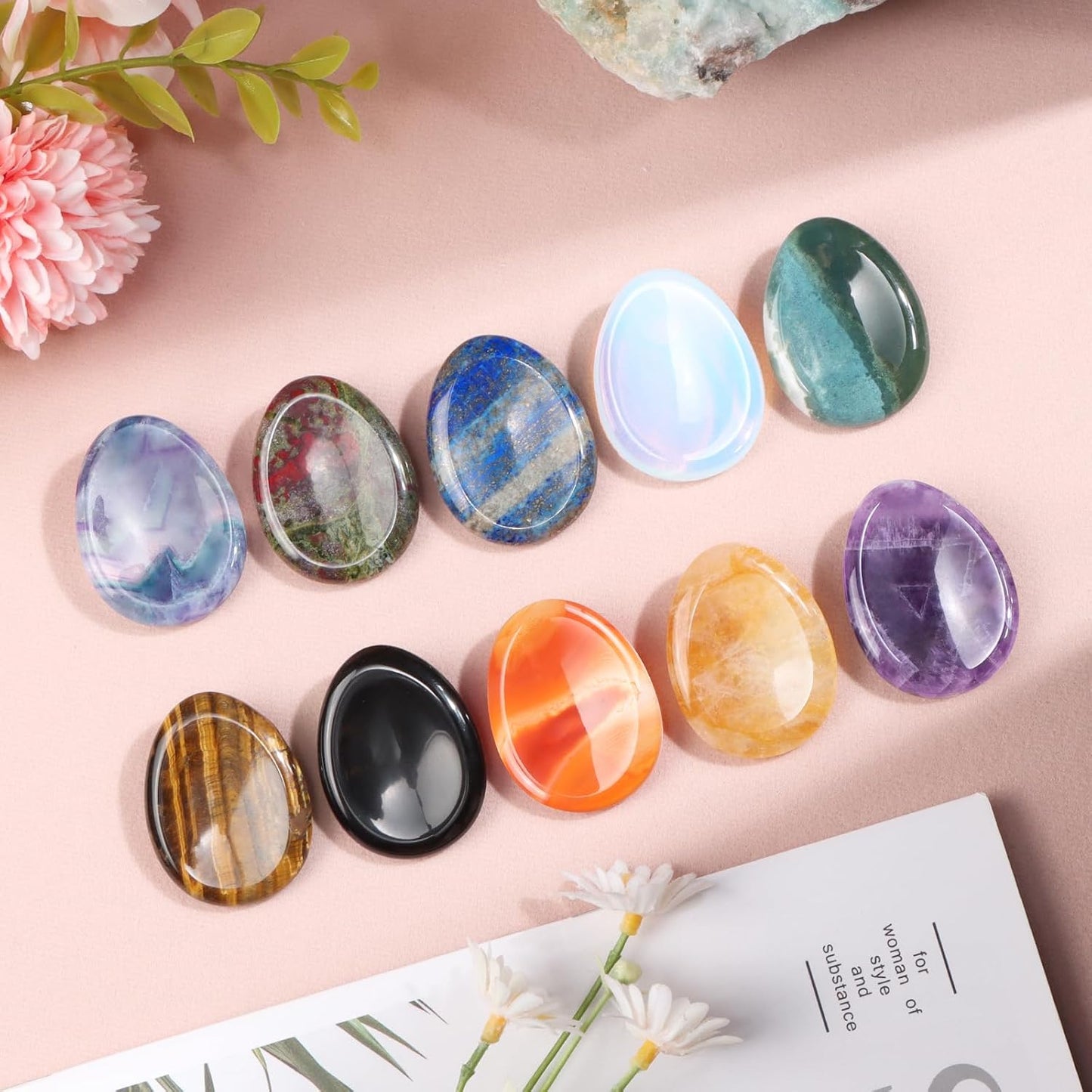 Artistone Moss Agate Crystal Chakra Thumb Worry Stone Teardrop Reiki Healing Stone Pocket Palm Stones for Anxiety Stress Relief Meditation Therapy Geometry Home Decor