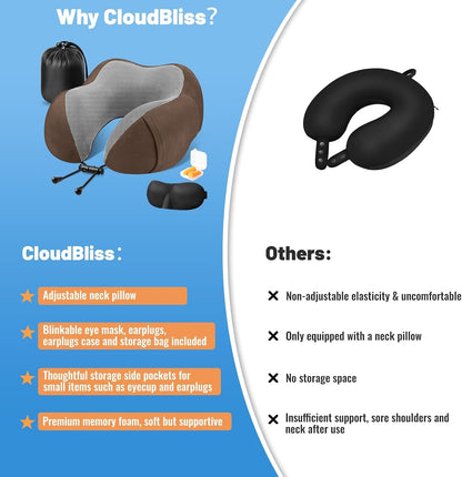 CloudBliss Travel Pillow for Airplane, Memory Foam Neck Pillow for Travel, Compact Flight Pillow with Eye Mask, Earplugs, Carry Bag, Travel Neck Pillow for Long Flight Sleep, Plane Accessories, Black