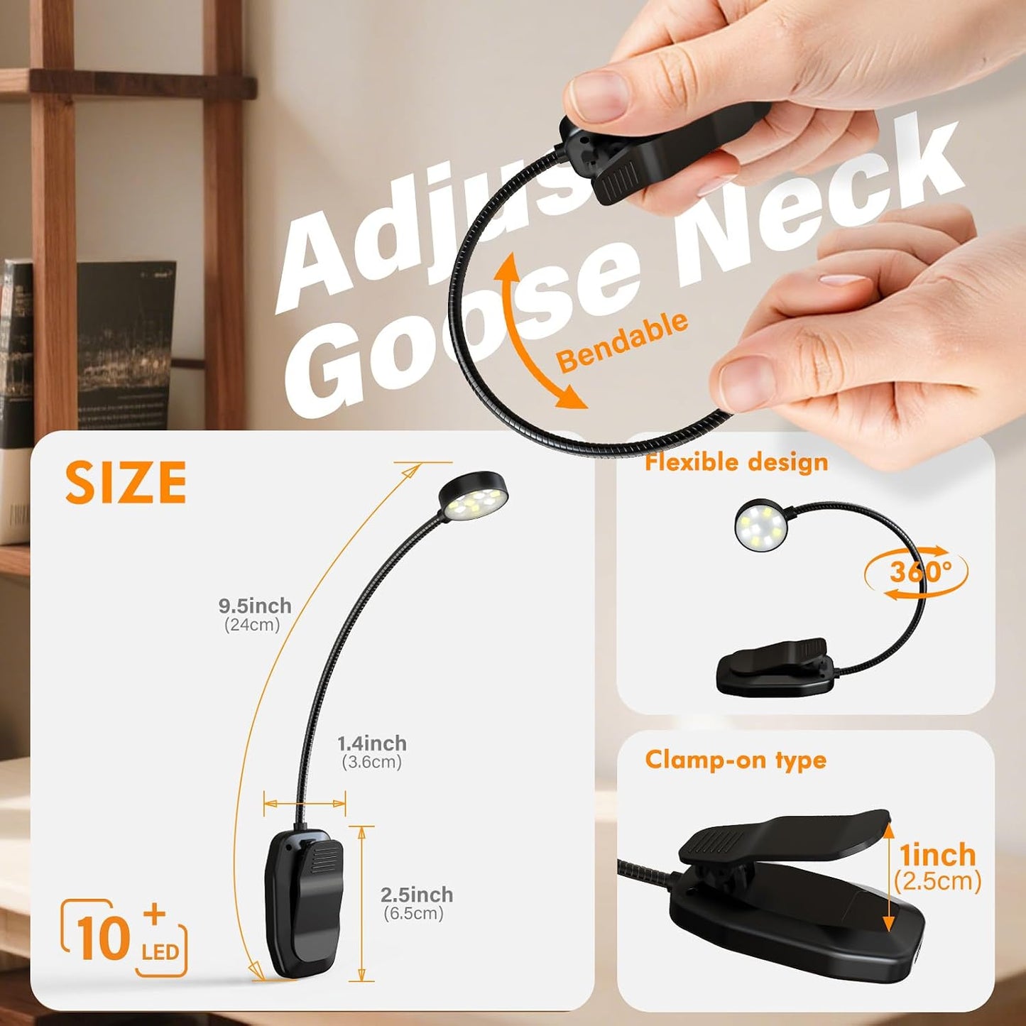 KTEBO 2 Pack Rechargeable Book Light Clip-On Reading Light for Books in Bed | 9 eye-friendly modes from 3 color temperatures and 3 brightness, USB-C up to 30 hrs - Black & Black