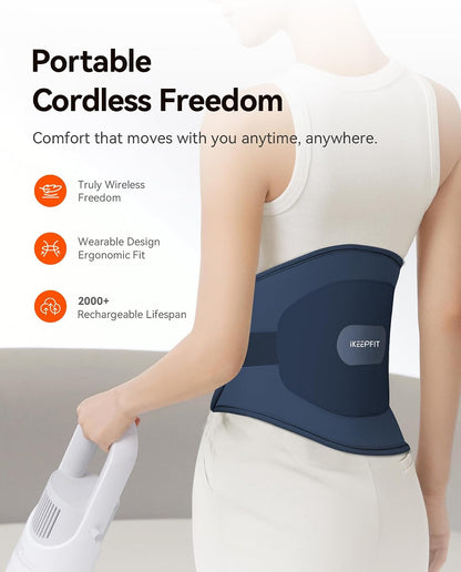 IKEEPFIT Portable Heating Pad for Back, FSA Eligible HSA, Cordless Heat Belt with Massager for Lower Back Pain Relief, Battery Powered 8000 mAh Rechargeable, MAXwarm 3.0, Gift for Women Men 90-310 lb