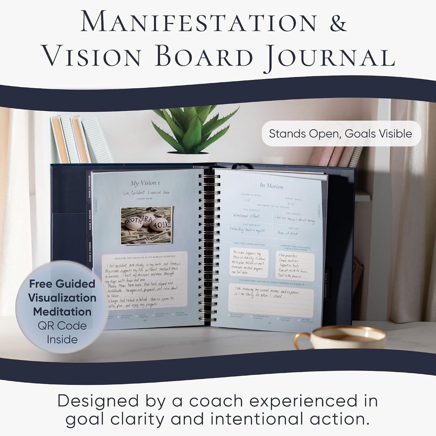 Vision Board Kit & Guided Manifestation Journal | Goal Planner & Habit Tracker, Self Care & Reflection Tools | Undated Vegan Leather Hardcover | Visions in Motion Portable Vision Board