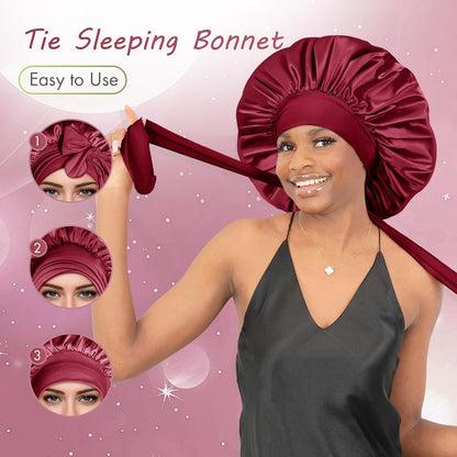 BONNET QUEEN Silk Bonnet for Sleeping for Women Satin Bonnet Night Cap for Curly Hair with Tie Band, Single Layer, Cream Pink