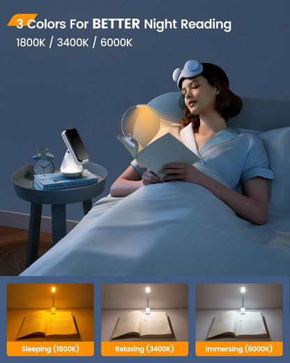 Glocusent Willow Book Light for Reading in Bed, 10LED Bright Reading Light, 3 Colors & 3 Brightness, Rechargeable Book Light Lasts for 80hr, Lightweight Clip on Book Light, Perfect for Book Lovers
