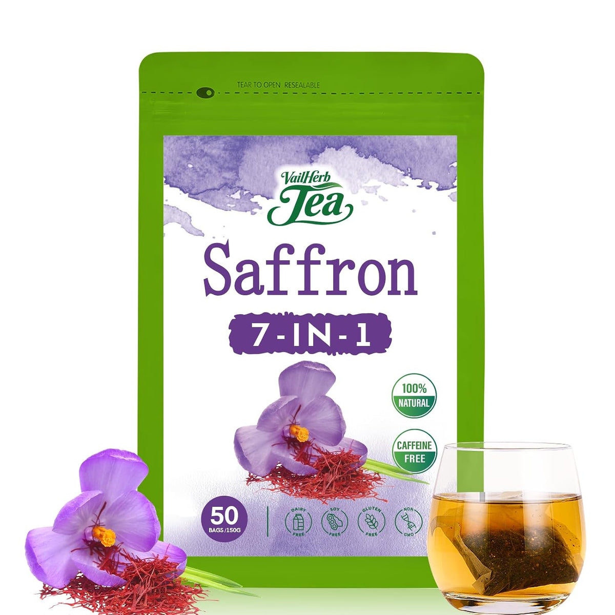 VailHerbTea Saffron Tea Bags, Mood Support Tea for Calm Focus, 50 Count