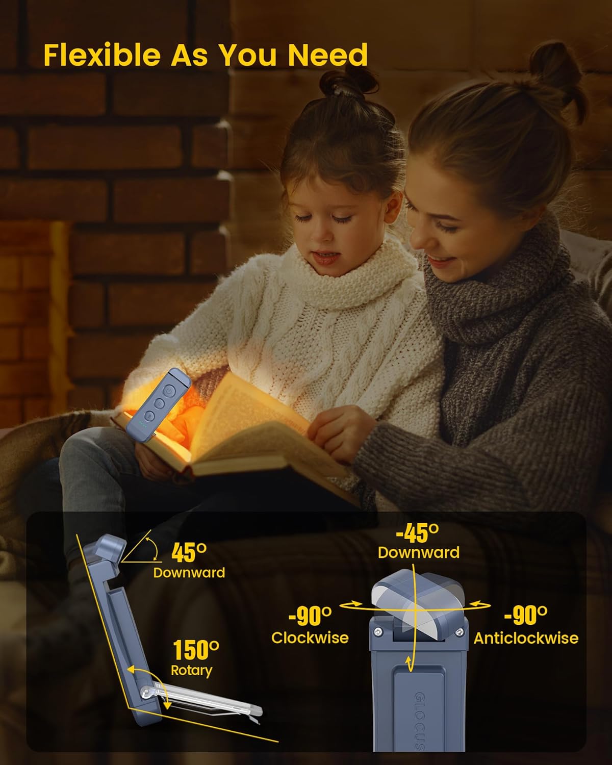 Glocusent USB Rechargeable Book Light, Portable Clip-on LED Reading Light, Reading Lights for Books in Bed with 3 Amber Colors & 5 Brightness Dimmable, Compact & Long Lasting, Perfect for Book Lovers