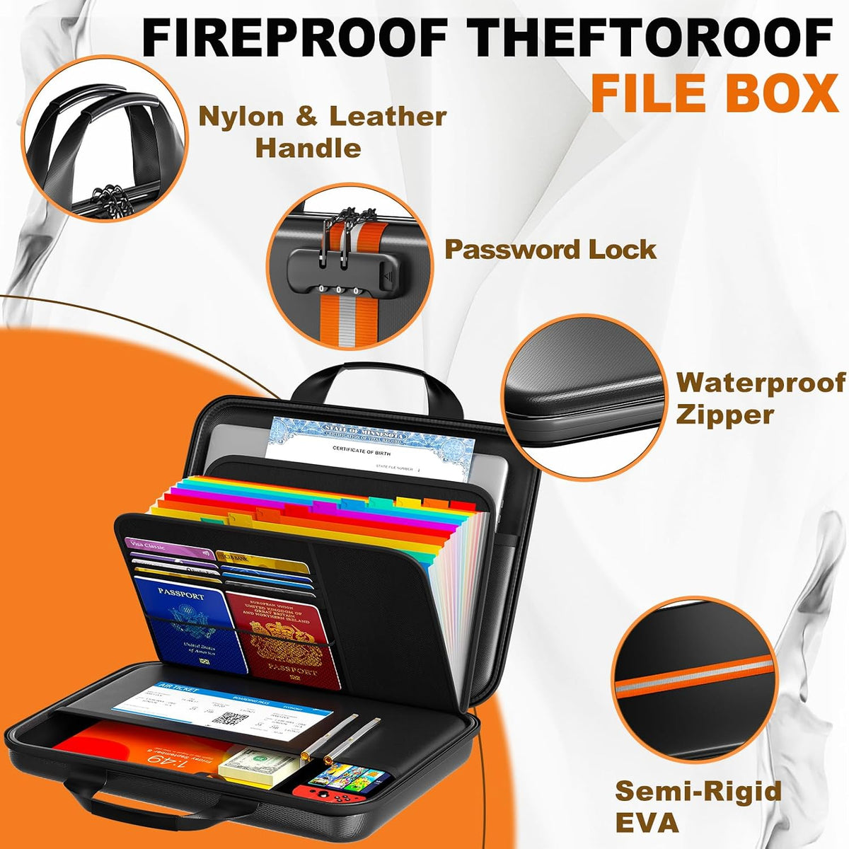 Fireproof Document Organizer with Lock, Semi-Rigid EVA Shell File Box with 13-Pocket Accordion Folder, Water-Resistant Storage for Important Documents, Passports & Certificates