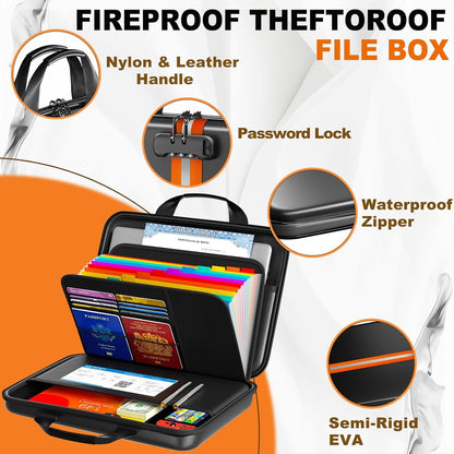 Fireproof Document Organizer with Lock, Semi-Rigid EVA Shell File Box with 13-Pocket Accordion Folder, Water-Resistant Storage for Important Documents, Passports & Certificates