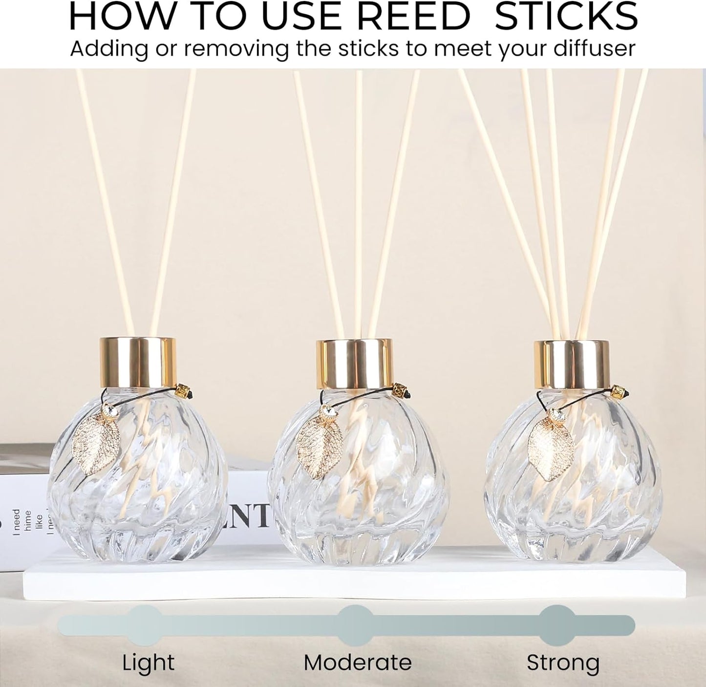 4-Piece Reed Diffuser Set with Metal Golden Decoration, 3.5-4.2oz Empty Bottles and 20 Reed Sticks, Unique Design for Home and Office (4 Different Bottles)
