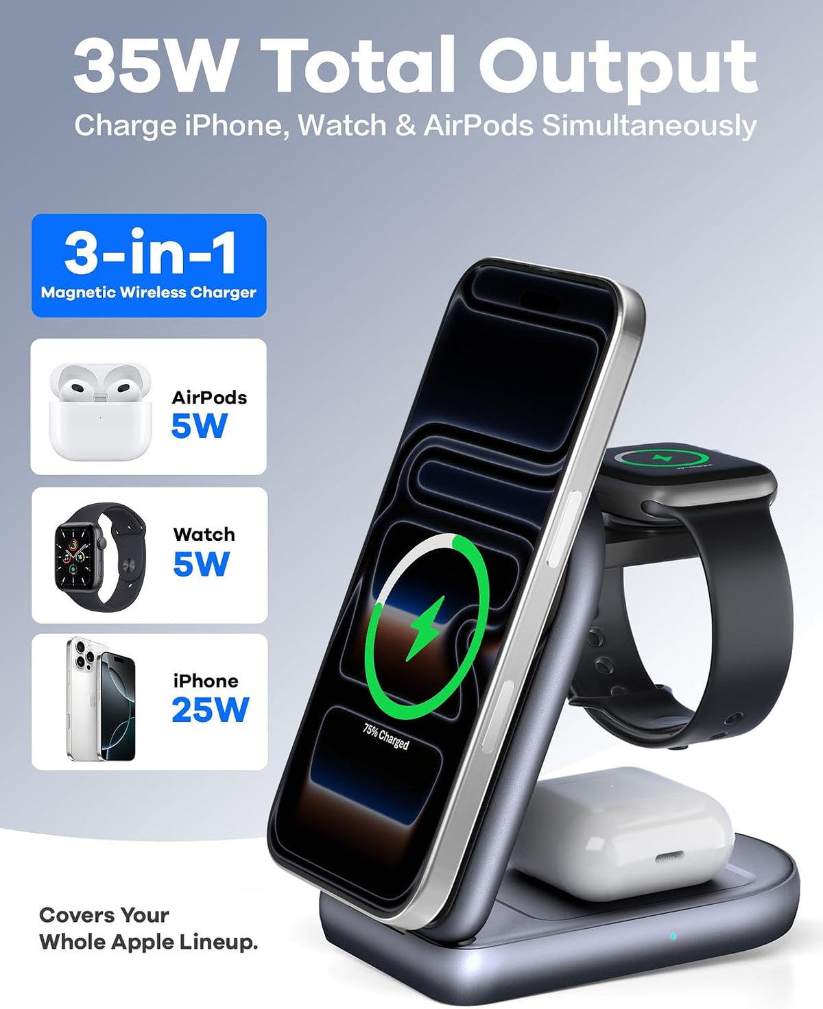 25W 3-in-1 Wireless Charging Station, Foldable MagSafe Charger