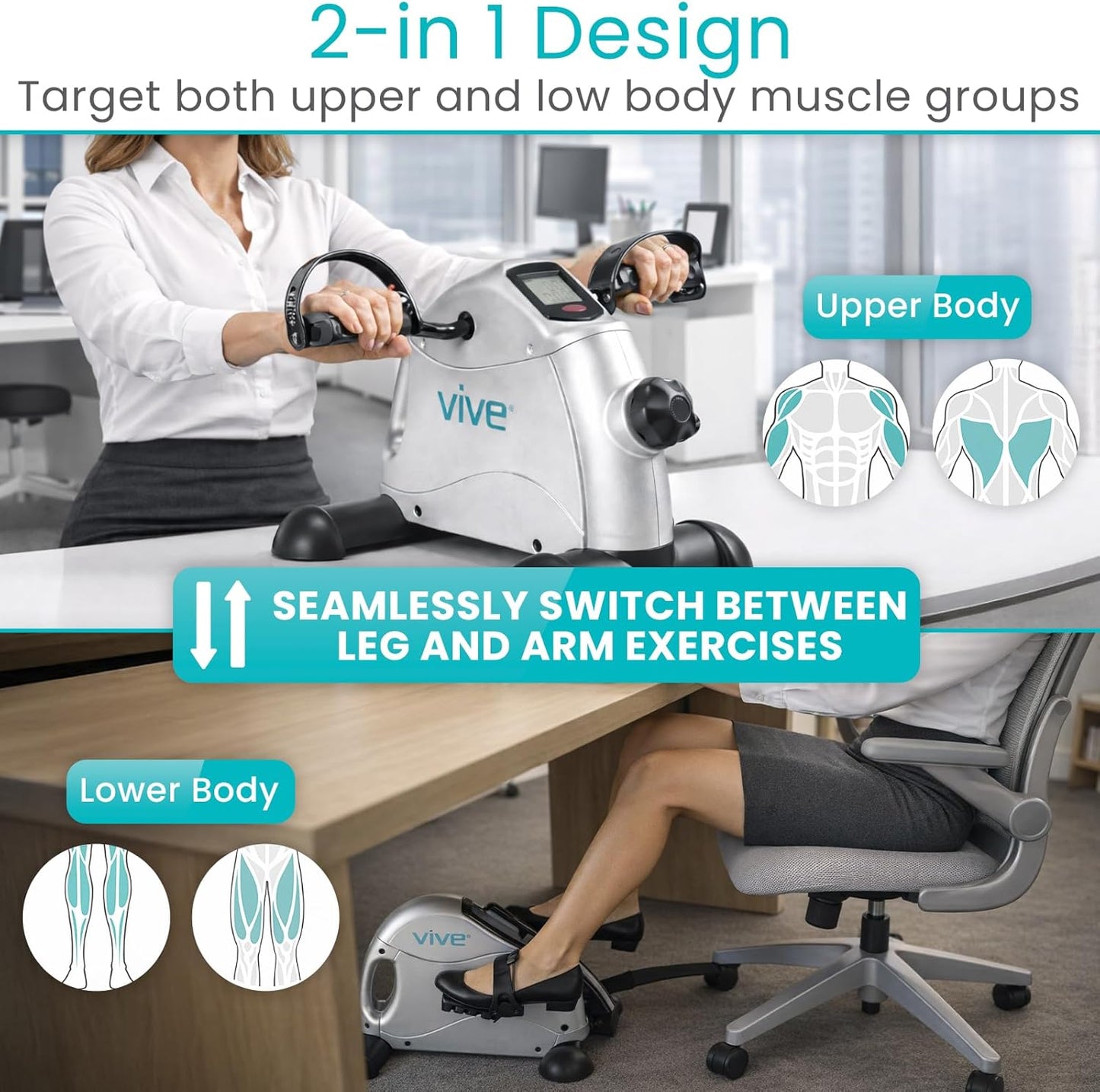 Vive Under Desk Bike Pedal Exerciser - Stationary Exercise Leg Peddler - Low Impact, Portable Mini Cycle Bike for Under Your Office Desk - For Arm or Foot - Small, Sit-Down Recumbent Equipment Machine