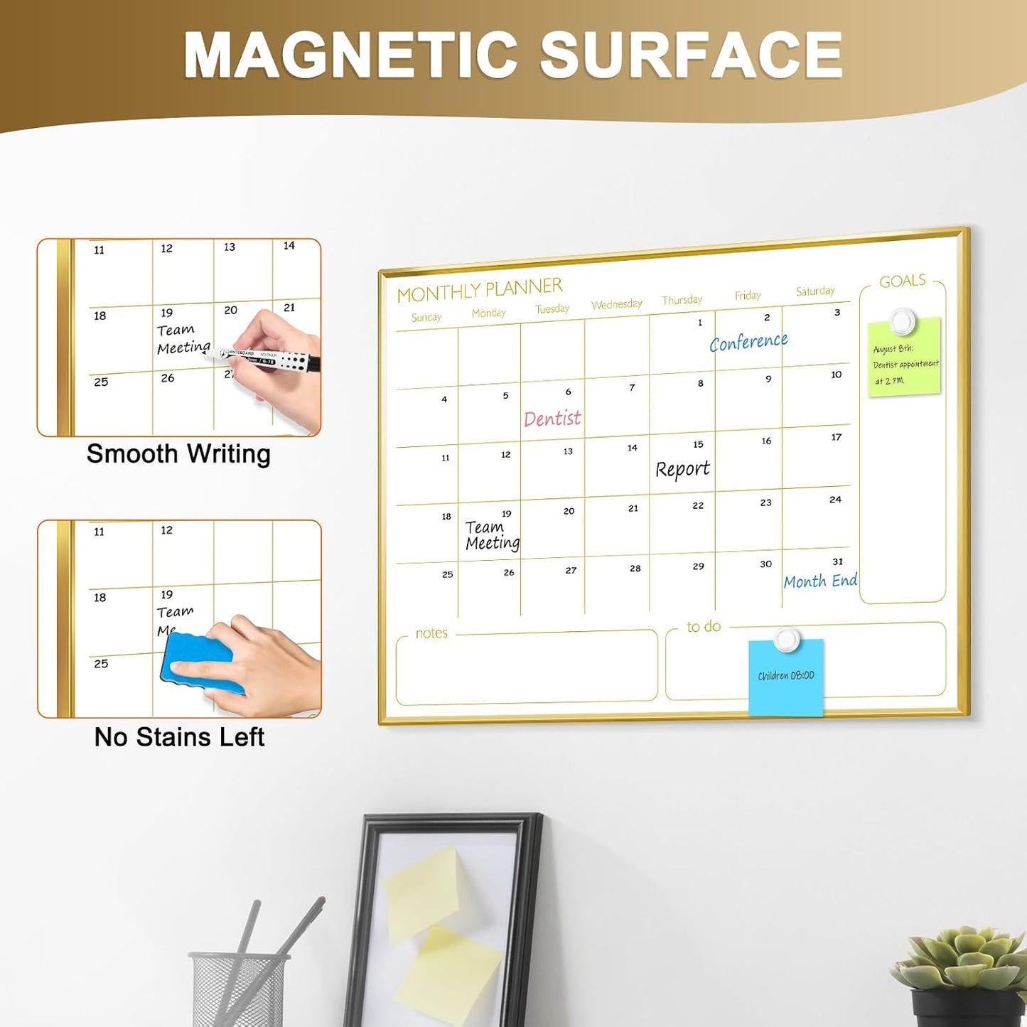 Dry Erase Calendar Whiteboard, 24''x18'' Monthly White Board Planner | Magnetic, Wall Mounted, Gold Aluminum Frame, Large Grid, Clean Erasing, for Home Office Kitchen, Dorm