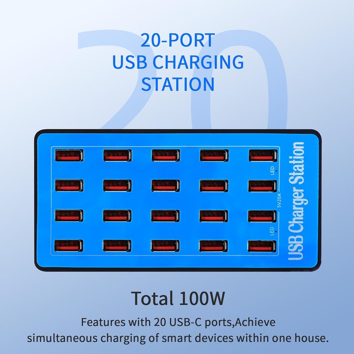 Charging Station, 100W 20-Port USB Multi Device Charger Hub with Intelligent Safety Features, Compact Power Strip for Phones, Watches, Pads, Speakers, Headphones & PS, Ideal for Home Office & Travel