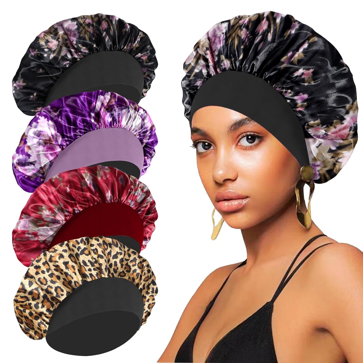 4PCS Silk Satin Bonnets for Black Women & Men - Elastic Wide Band Hair Wrap Cap for Curly Hair - Shower Cap for Sleeping (Black, Peacock Blue, Pink, Khaki)