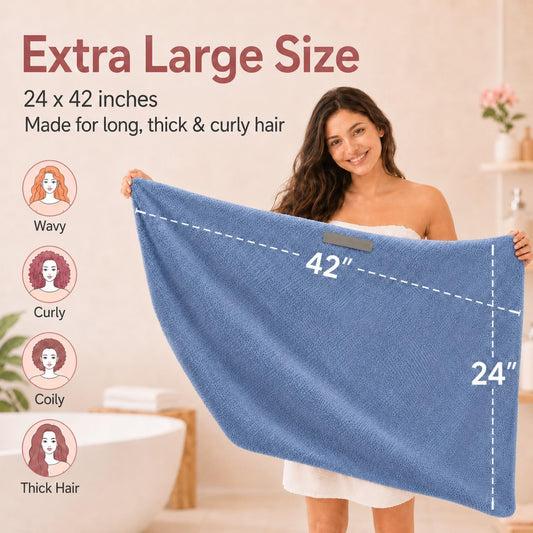 Large Hair Towel Wrap for Women, Quick-Dry Turban, Ultra Absorbent & Anti-Frizz, Ideal for Long, Thick & Curly Hair, Soft Lightweight Microfiber Drying Towel (24x42, Blue)