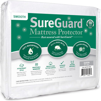 SureGuard Queen Size Mattress Protector - 100% Waterproof, Hypoallergenic - Premium Fitted Cotton Terry Cover White