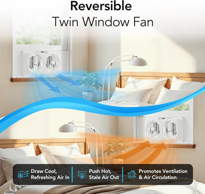 Comfort Zone Twin Window Fan with Reversible Airflow Control, 9 inch, Auto-Locking Expanders, 2 Speed Fan, Dual Fan, Exhaust, Airflow 9.84 ft/sec, Ideal for Home, Kitchen, Bedroom & Office, CZ319WT
