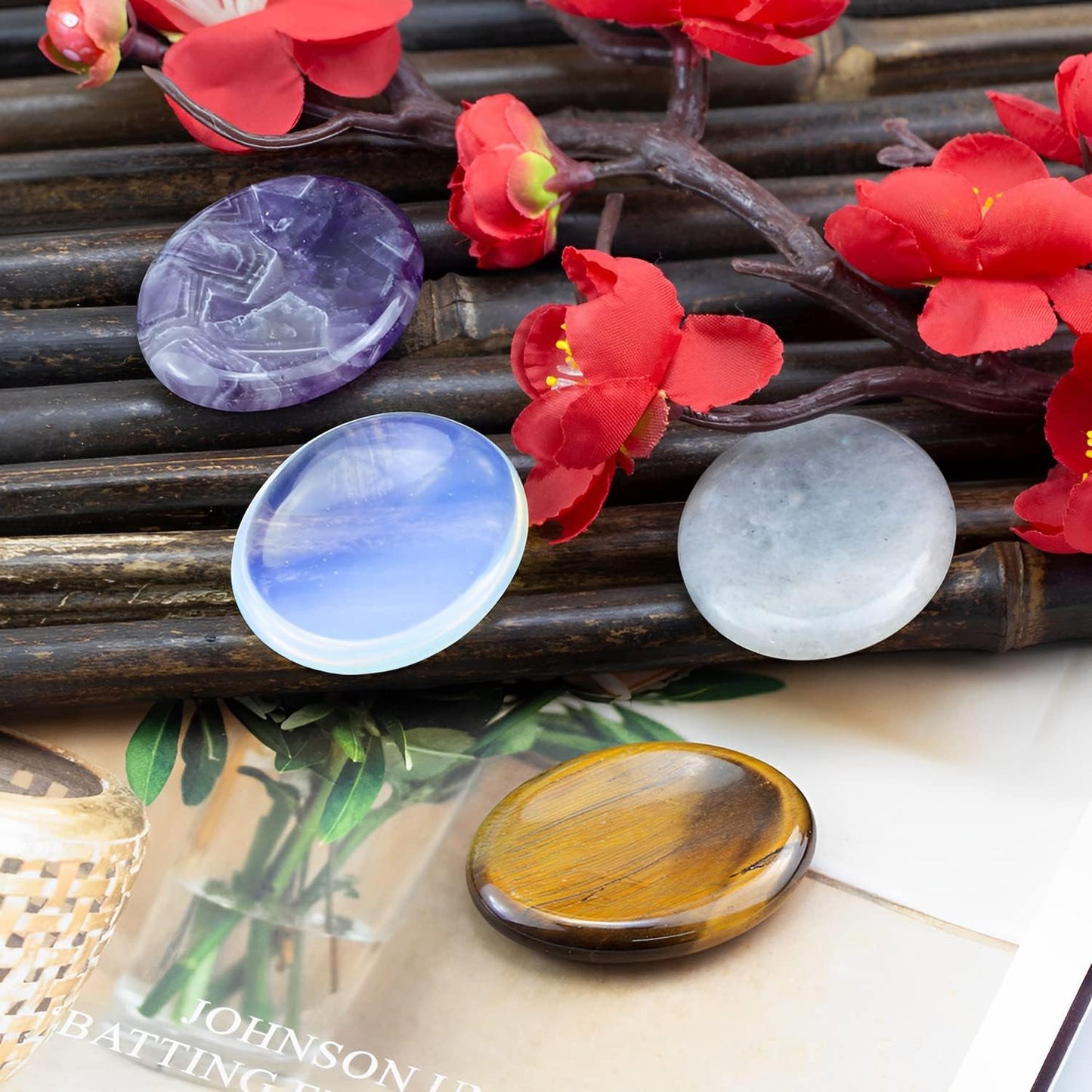 Mix 4pcs Worry Stone for Anxiety, Carved Pocket Thumb Palm Gemstone Natural Chakra Reiki Healing Crystals Therapy for Energy Yoga and Decoration (Mix 4pcs)