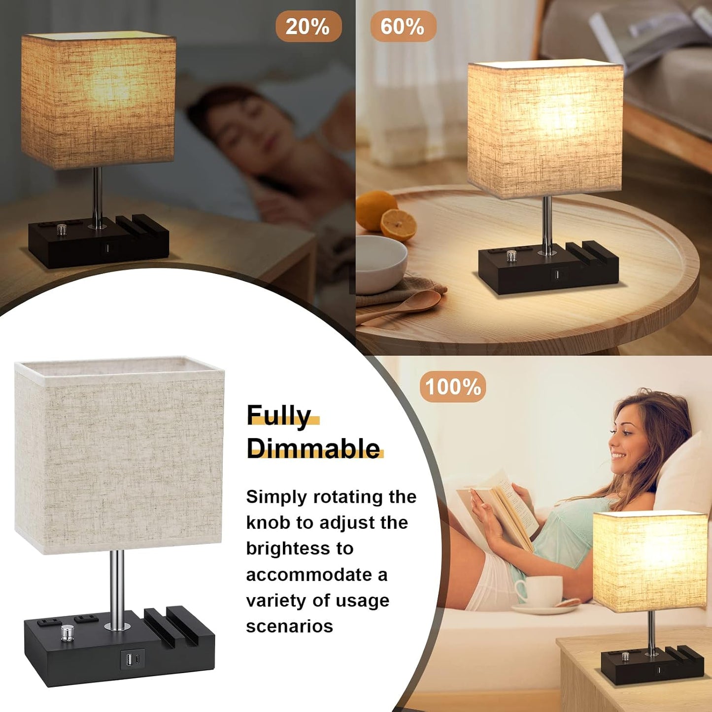 Kakanuo Fully Dimmable Nightstand Lamp for Bedroom with USB C Ports, Grey Small Bedside Table Lamp with Charging Outlets and Phone Stands, Wooden Desk Lamp for Living Room, LED Bulb Included
