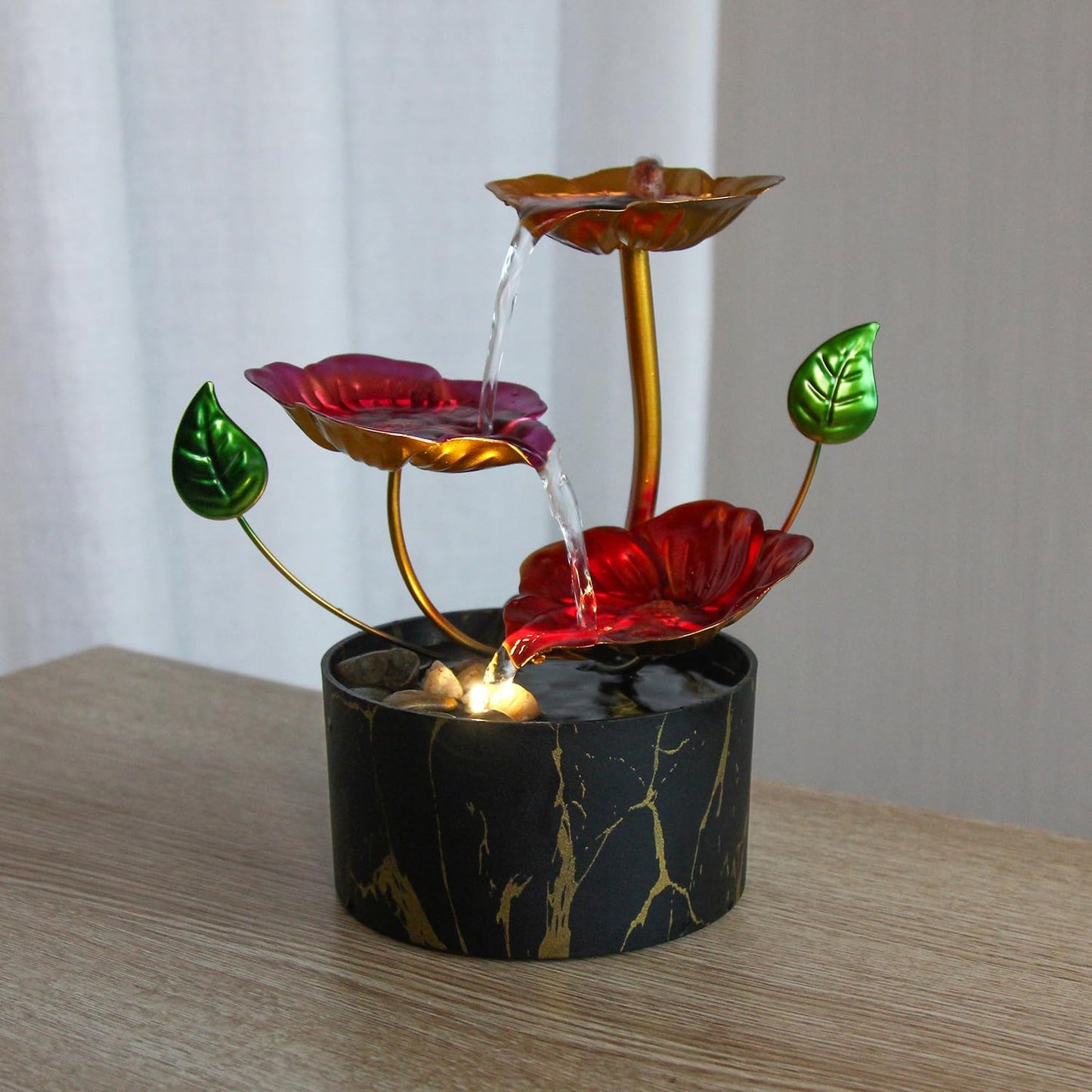 Water Fountain Indoor Waterfall Fountain 3-Tier Tabletop Fountain Lotus Desk Relaxation Home Decor Including Lots of Rocks and Soothing Sound Machine (Green 1)