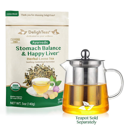 DelighTeas Stomach & Liver Tea | Ayurvedic Herbal Blend for Digestion | Organic Milk Thistle, Fennel, Ginger, Peppermint & Licorice | Vegan, Caffeine-Free, Sugar-Free | Loose Leaf, 50 Servings, 5oz