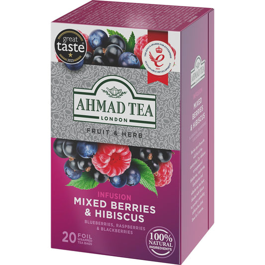 Ahmad Tea Herbal Tea, Mixed Berries & Hibiscus Teabags, 20 ct (Pack of 1) - Decaffeinated & Sugar-Free